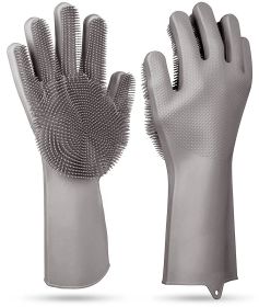 1 Pair Magic Silicone Brush Dishwashing Gloves Cleaning Sponge Pet Scrubber Heat Resistant Wash Gloves (Color: grey)